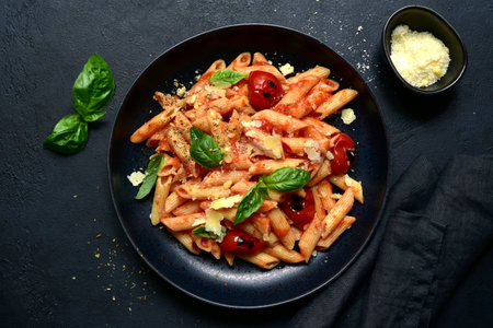 Penne pasta with grilled tomatoes in a black bowl over dark slate, stone or concrete background. Top view with copy space.の写真素材