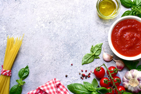 Homemade tomato sauce with ingredients for making on a light gray slate, stone or concrete background. Top view with copy space.の写真素材
