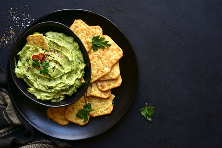 Guacamole - traditional mexican spicy avocado dip in a black bowl on a dark slate, stone or concrete background. Top view with copy space.の写真素材