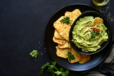 Guacamole - traditional mexican spicy avocado dip in a black bowl on a dark slate, stone or concrete background. Top view with copy space.の写真素材