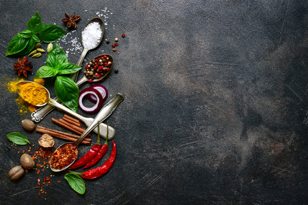 Set of natural organic asian spices on a dark slate, stone or concrete background. Top view with copy space.の写真素材