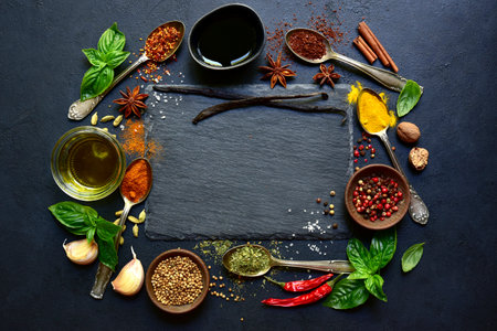Set of natural organic asian spices on a dark slate, stone or concrete background. Top view with copy space.の写真素材