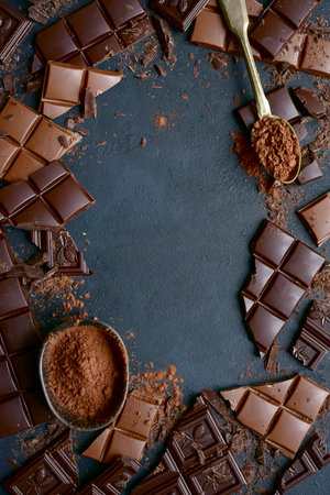 Slices of dark and milk chocolate on a black slate, stone or concrete background. Top view with copy space.の写真素材