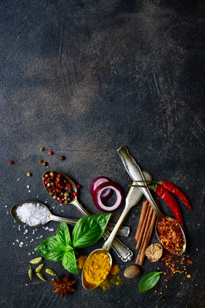 Set of natural organic asian spices on a dark slate, stone or concrete background. Top view with copy space.の写真素材