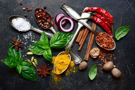 Set of natural organic asian spices on a dark slate, stone or concrete background. Top view with copy space.の写真素材
