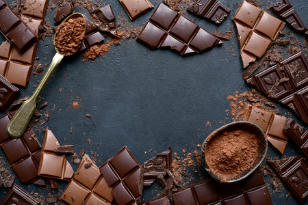 Slices of dark and milk chocolate on a black slate, stone or concrete background. Top view with copy space.の写真素材
