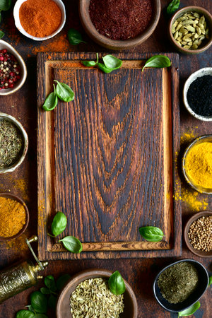 Variety of natural spices in a bowls on a dark wooden table. Top view with copy space.の写真素材