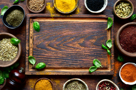 Variety of natural spices in a bowls on a dark wooden table. Top view with copy space.の写真素材