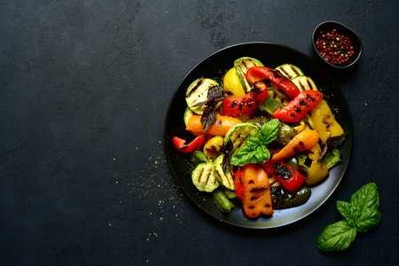Grilled colorful vegetable: bell pepper, zucchini, eggplant on a black plate over dark slate, stone or concrete background. Top view with copy space.の写真素材
