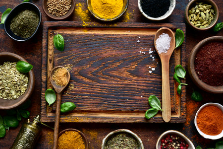 Variety of natural spices in a bowls on a dark wooden table. Top view with copy space.の写真素材