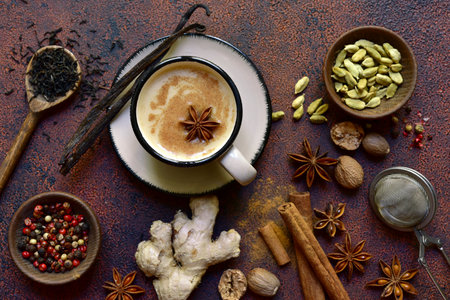 Cup of masala tea with ingredients for making. Top view with copy space.の写真素材