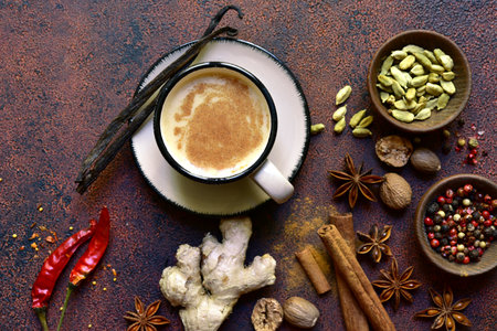 Cup of masala tea with ingredients for making. Top view with copy space.の写真素材