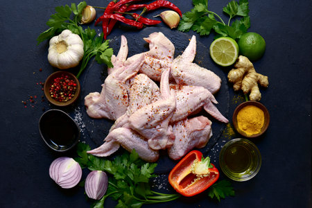 Raw chicken wings with ingredients for making on a black slate, stone or concrete background. Top view with copy space.の写真素材