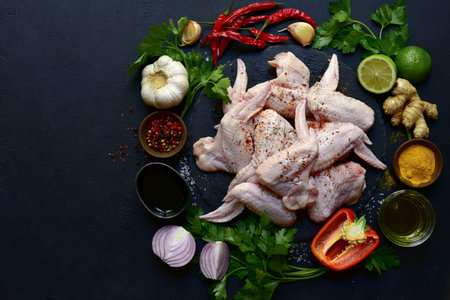 Raw chicken wings with ingredients for making on a black slate, stone or concrete background. Top view with copy space.の写真素材