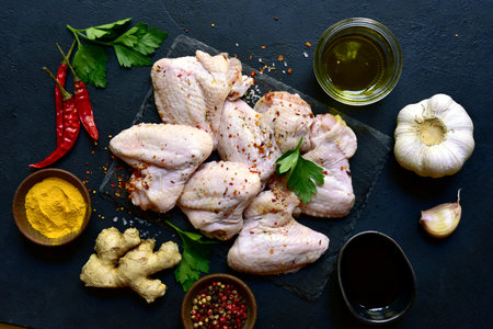 Raw chicken wings with ingredients for making on a black slate, stone or concrete background. Top view with copy space.の写真素材