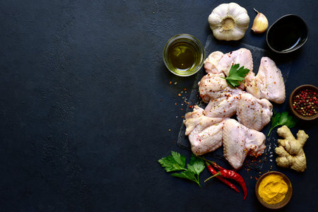 Raw chicken wings with ingredients for making on a black slate, stone or concrete background. Top view with copy space.の写真素材