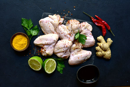 Raw chicken wings with ingredients for making on a black slate, stone or concrete background. Top view with copy space.の写真素材
