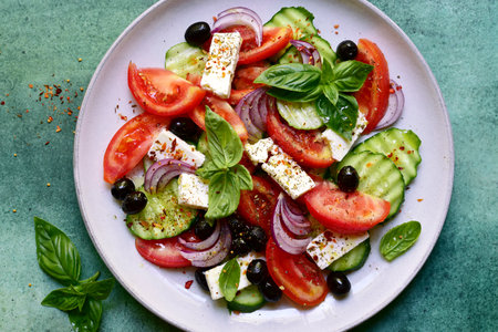 Traditional fresh vegetable Greek salad on a plate over green slate, stone or concrete background. Top view with copy space.の写真素材