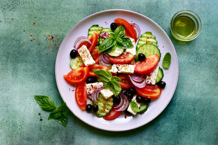 Traditional fresh vegetable Greek salad on a plate over green slate, stone or concrete background. Top view with copy space.の写真素材