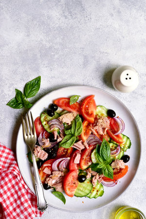 Fresh vegetable salad with tuna on a plate over light slate, stone or concrete background. Top view with copy space.の写真素材