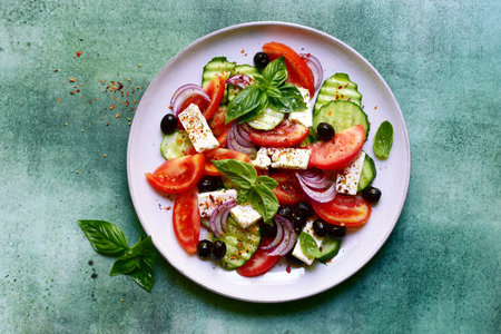 Traditional fresh vegetable Greek salad on a plate over green slate, stone or concrete background. Top view with copy space.の写真素材