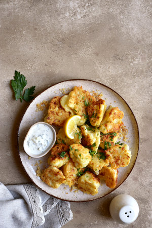 Fried cauliflower with Greek sauce on a plate over light slate, stone or concrete background. Top view with copy space.の写真素材