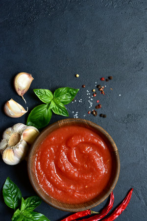 Spicy tomato soup or gazpacho on a dark slate, stone or concrete background. Top view with copy space.の写真素材