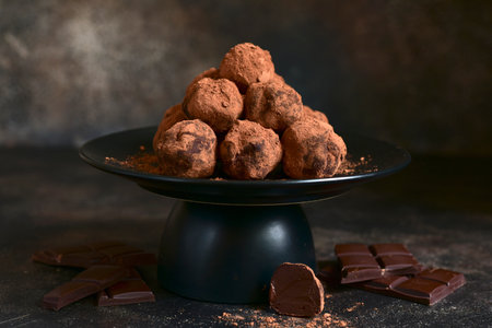 Homemade delicious chocolate truffles on a dark slate, stone or concrete background.の写真素材