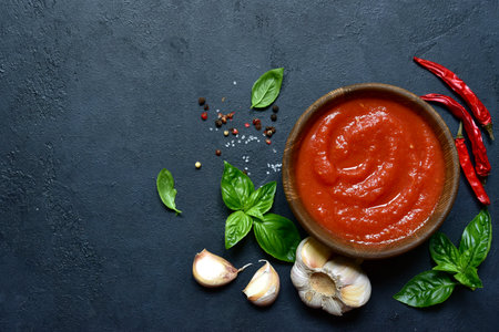 Spicy tomato soup or gazpacho on a dark slate, stone or concrete background. Top view with copy space.の写真素材