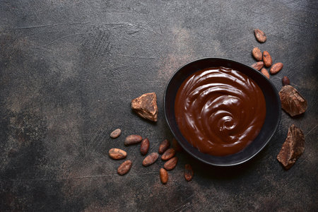 Homemade chocolate ganache in a blck bowl on a dark slate, stone or concrete background. Top view with copy space.の写真素材