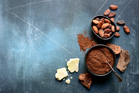 Ingredients for making homemade chocolate on a blue slate, stone or concrete table. Top view with copy space.の写真素材