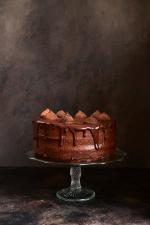 Homemade delicious chocolate cake "Truffel" on a dark slate, stone or concrete backgroundの写真素材