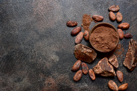 Ingredients for making homemade chocolate on a dark slate, stone or concrete table. Top view with copy space.の写真素材