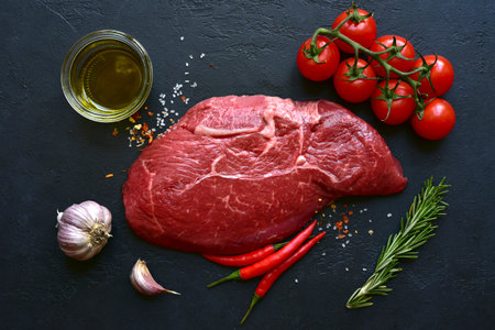 Raw organic marbled beef steak with spices and vegetables on a black slate, stone or concrete background. Top view with copy space.の写真素材