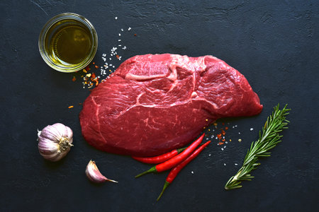 Raw organic marbled beef steak with spices and vegetables on a black slate, stone or concrete background. Top view with copy space.の写真素材