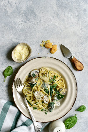 Pasta with spinach and mushrooms in a cream sauce on a light gray slate, stone or concrete background. Top view with copy space.の写真素材