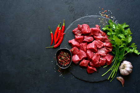 Raw organic meat ( beef or lamb ) on on a wooden cutting board. Top view with copy space.の写真素材