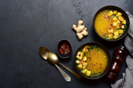 Hot spicy pumpkin soup with ginger and garlic in a black bowls over dark slate, stone or concrete background. Top view with copy space.の写真素材