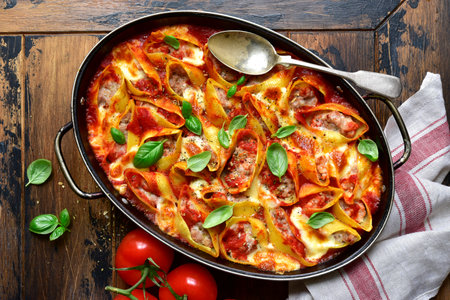 Stuffed pasta cannelloni with minced meat baked in tomato sauce in a skillet on a dark rustic wooden background. Top view with copy space.の写真素材