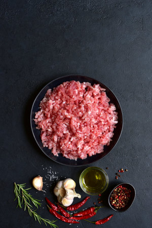 Homemade minced meat with spices on a black slate, stone or concrete background. Top view with copy space.の写真素材
