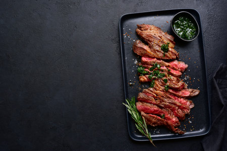 Grilled marbled beef steak on a black plate over dark slate, stone or concrete background. Top view with copy space.の写真素材