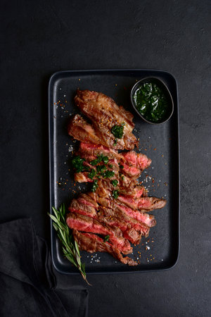 Grilled marbled beef steak on a black plate over dark slate, stone or concrete background. Top view with copy space.の写真素材