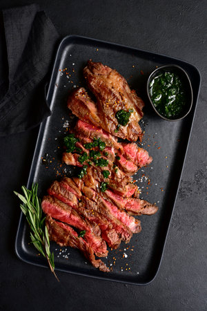 Grilled marbled beef steak on a black plate over dark slate, stone or concrete background. Top view with copy space.の写真素材