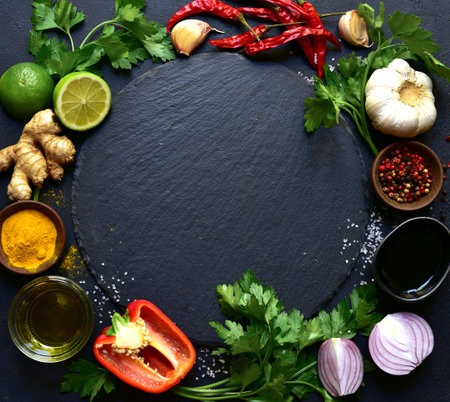 Food background with ingredients for cooking on a black slate, stone or concrete table. Top view with copy space.の写真素材