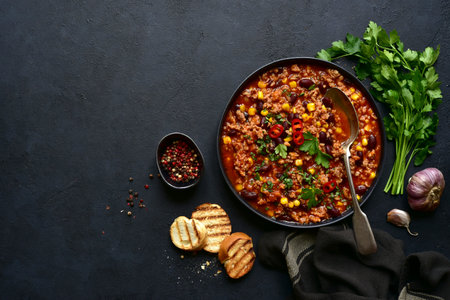 Chili con carne - traditional Mexican minced meat and vegetables stew in tomato sauce in a cast iron pan on a dark slate, stone or concrete background. Top view with copy space.の写真素材