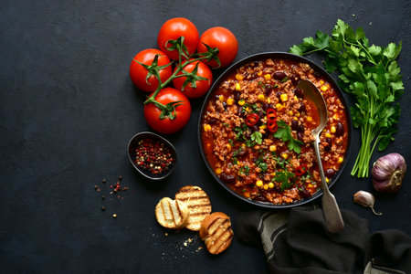 Chili con carne - traditional Mexican minced meat and vegetables stew in tomato sauce in a cast iron pan on a dark slate, stone or concrete background. Top view with copy space.の写真素材