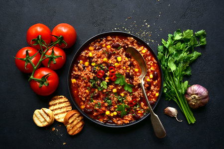 Chili con carne - traditional Mexican minced meat and vegetables stew in tomato sauce in a cast iron pan on a dark slate, stone or concrete background. Top view with copy space.の写真素材