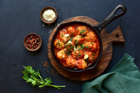 Meatballs with rice in tomato sauce in a skillet pan on dark slate, stone or concrete background. Top view with copy space.の写真素材