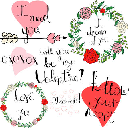 set of valentine day lettering with vector elementsのイラスト素材