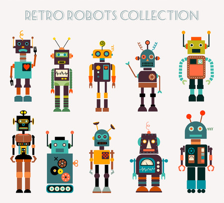 Retro robots collection with different characters, vector designのイラスト素材